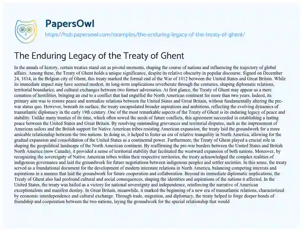 Essay on The Enduring Legacy of the Treaty of Ghent