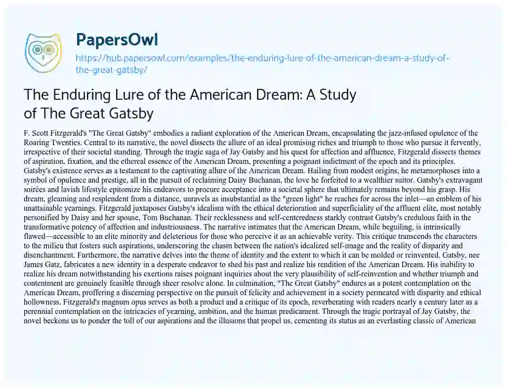 Essay on The Enduring Lure of the American Dream: A Study of The Great Gatsby
