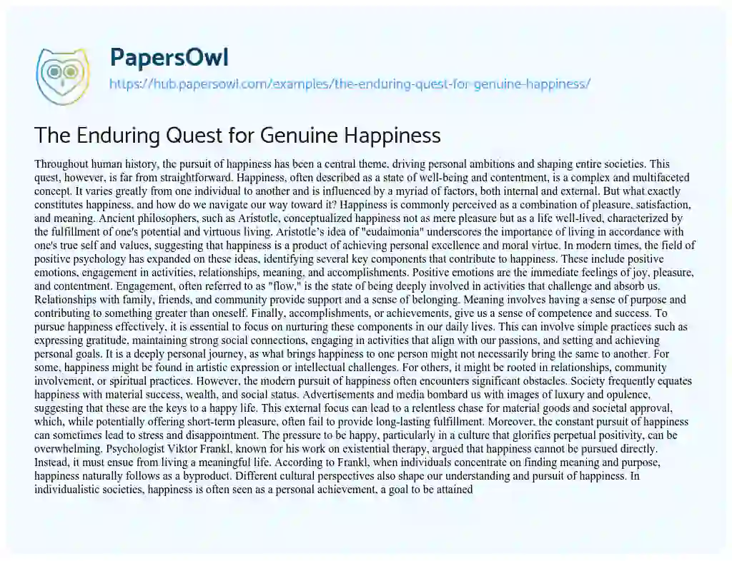 Essay on The Enduring Quest for Genuine Happiness