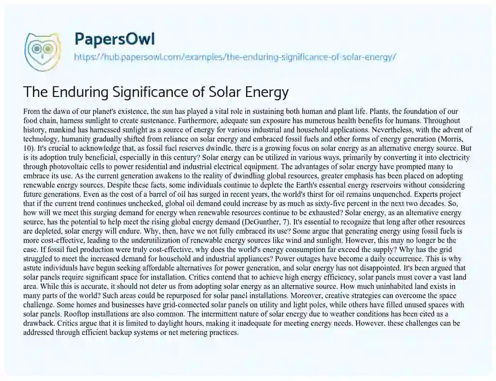 Essay on The Enduring Significance of Solar Energy