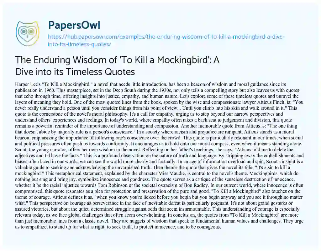 Essay on The Enduring Wisdom of ‘To Kill a Mockingbird’: A Dive into its Timeless Quotes