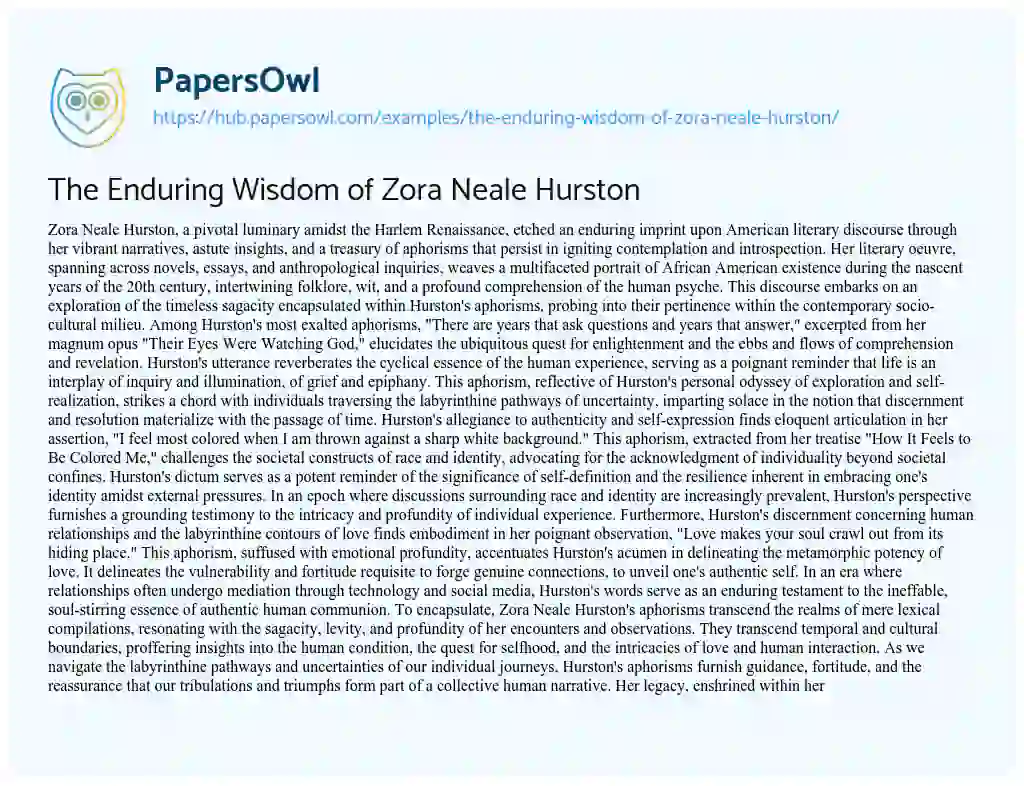 Essay on The Enduring Wisdom of Zora Neale Hurston