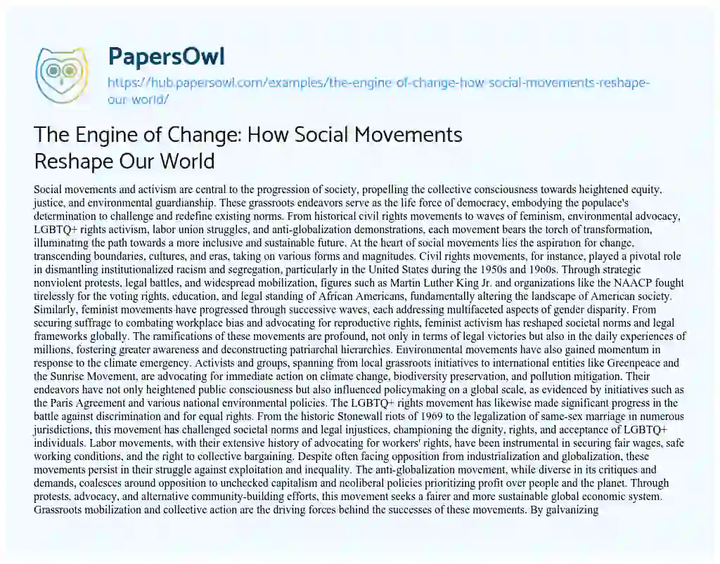 Essay on The Engine of Change: How Social Movements Reshape Our World