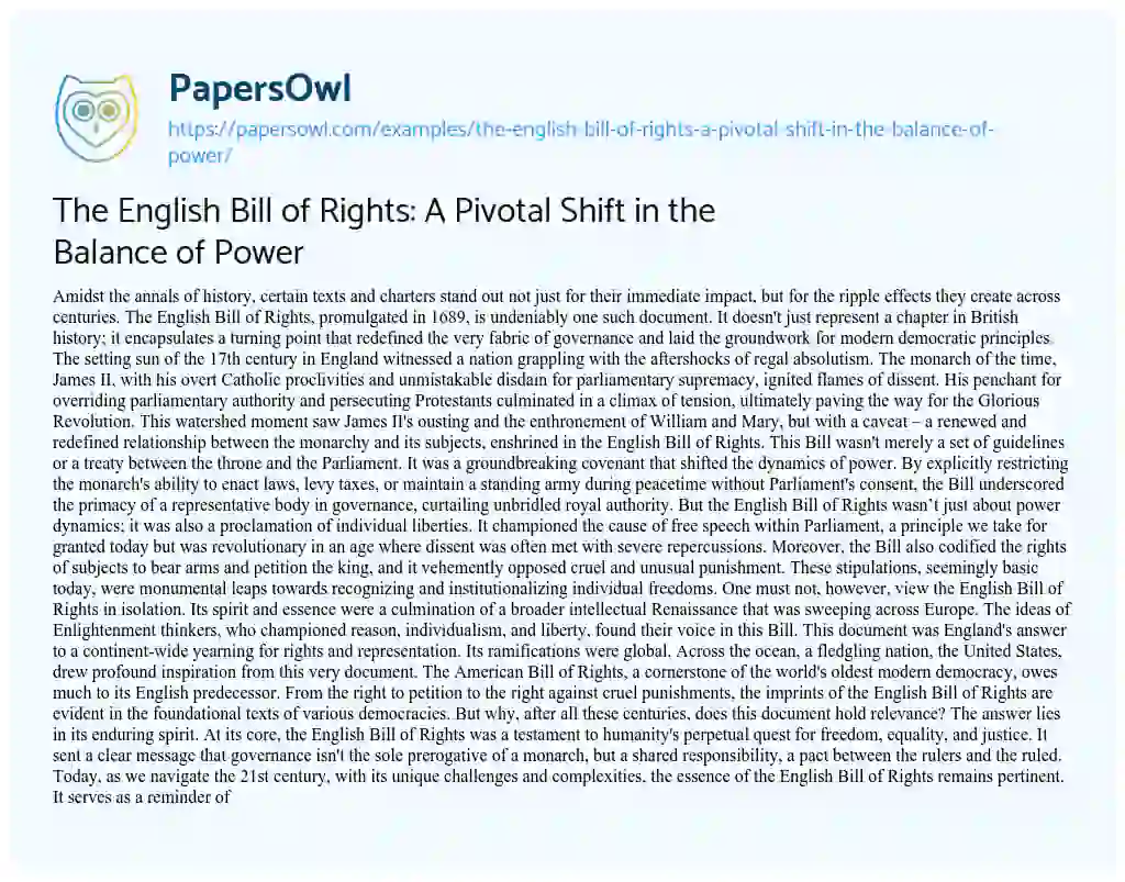 Essay on The English Bill of Rights: A Pivotal Shift in the Balance of Power