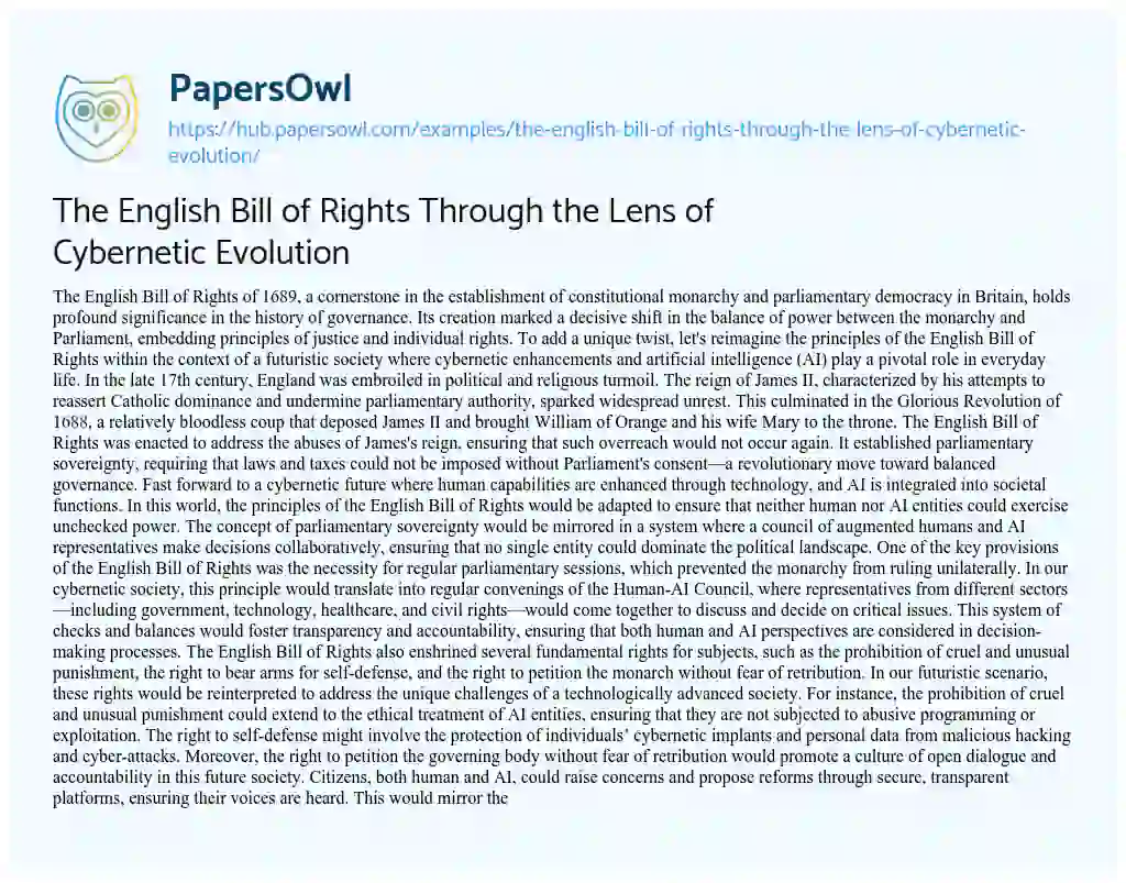 Essay on The English Bill of Rights Through the Lens of Cybernetic Evolution