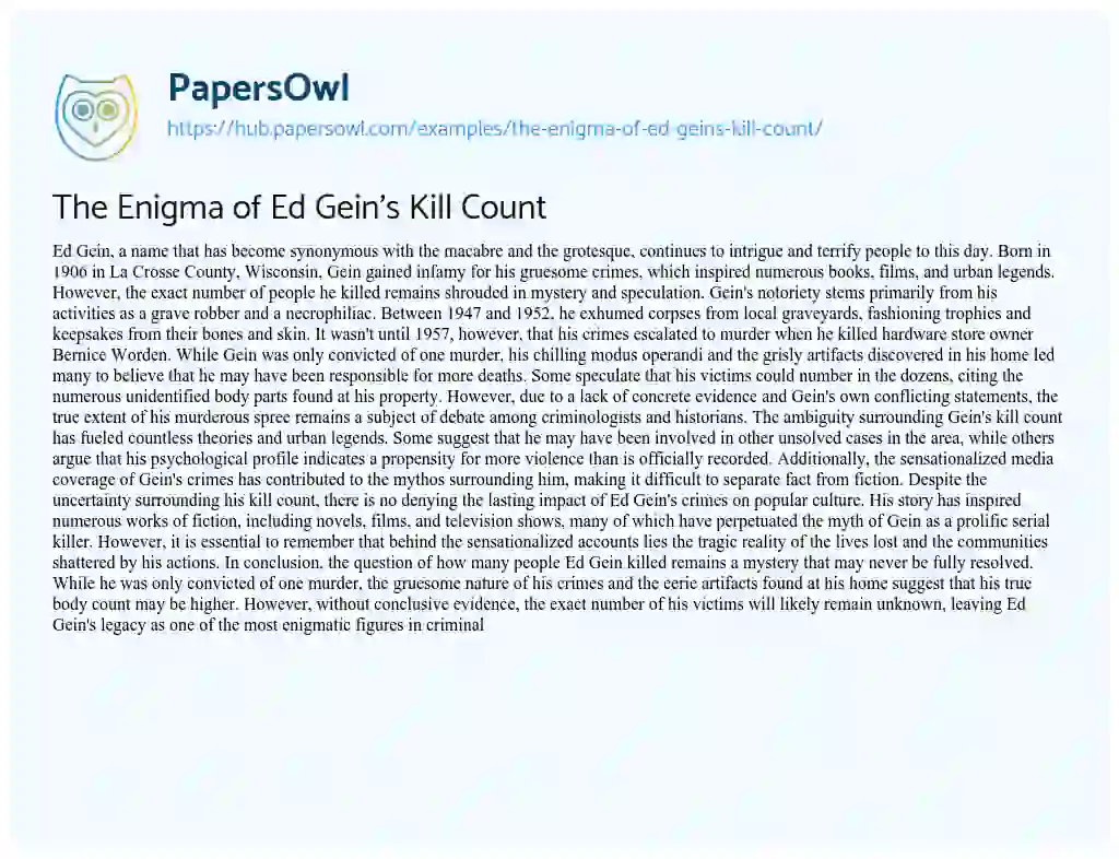 Essay on The Enigma of Ed Gein’s Kill Count
