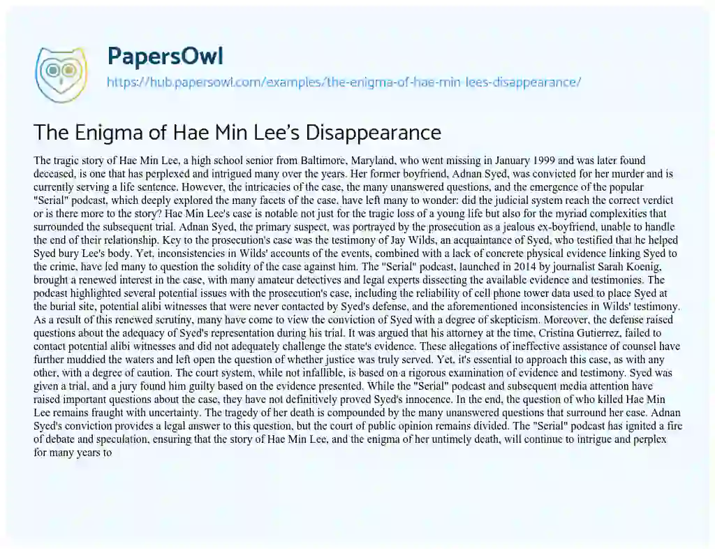 Essay on The Enigma of Hae Min Lee’s Disappearance