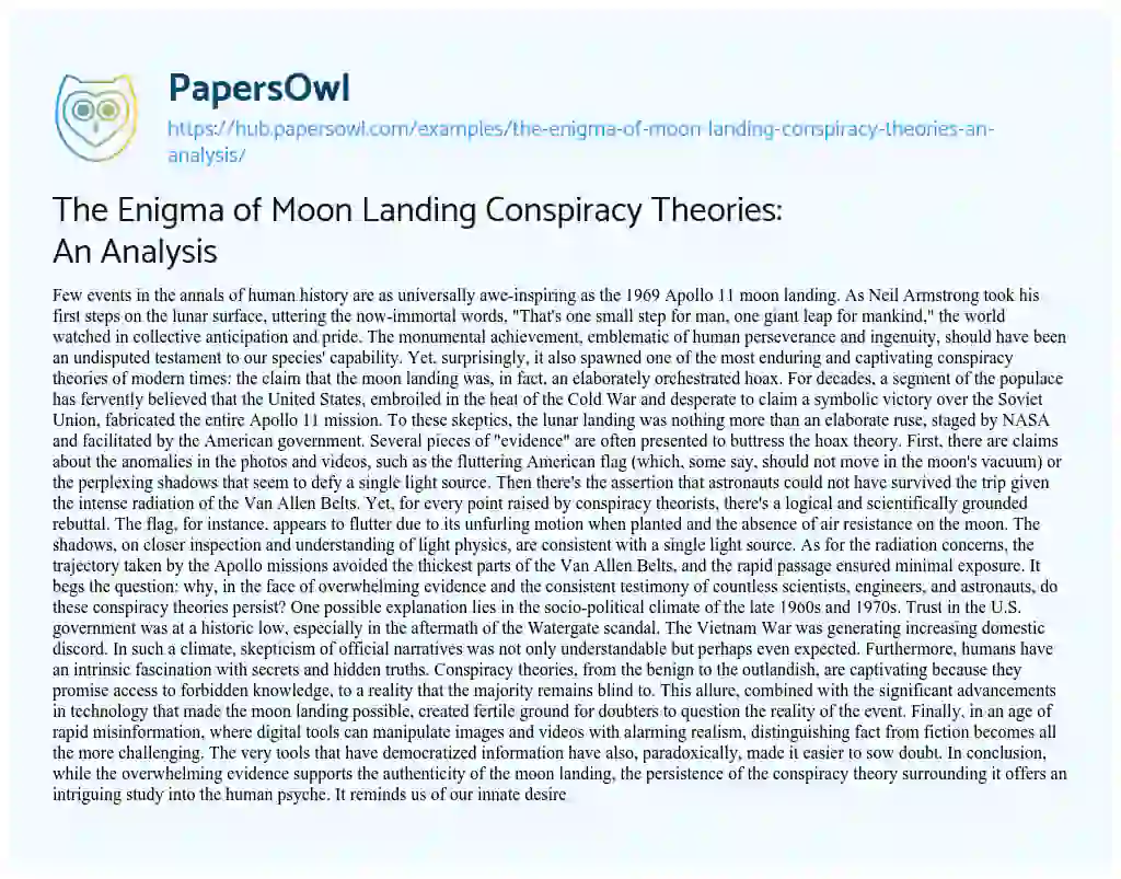 Essay on The Enigma of Moon Landing Conspiracy Theories: An Analysis