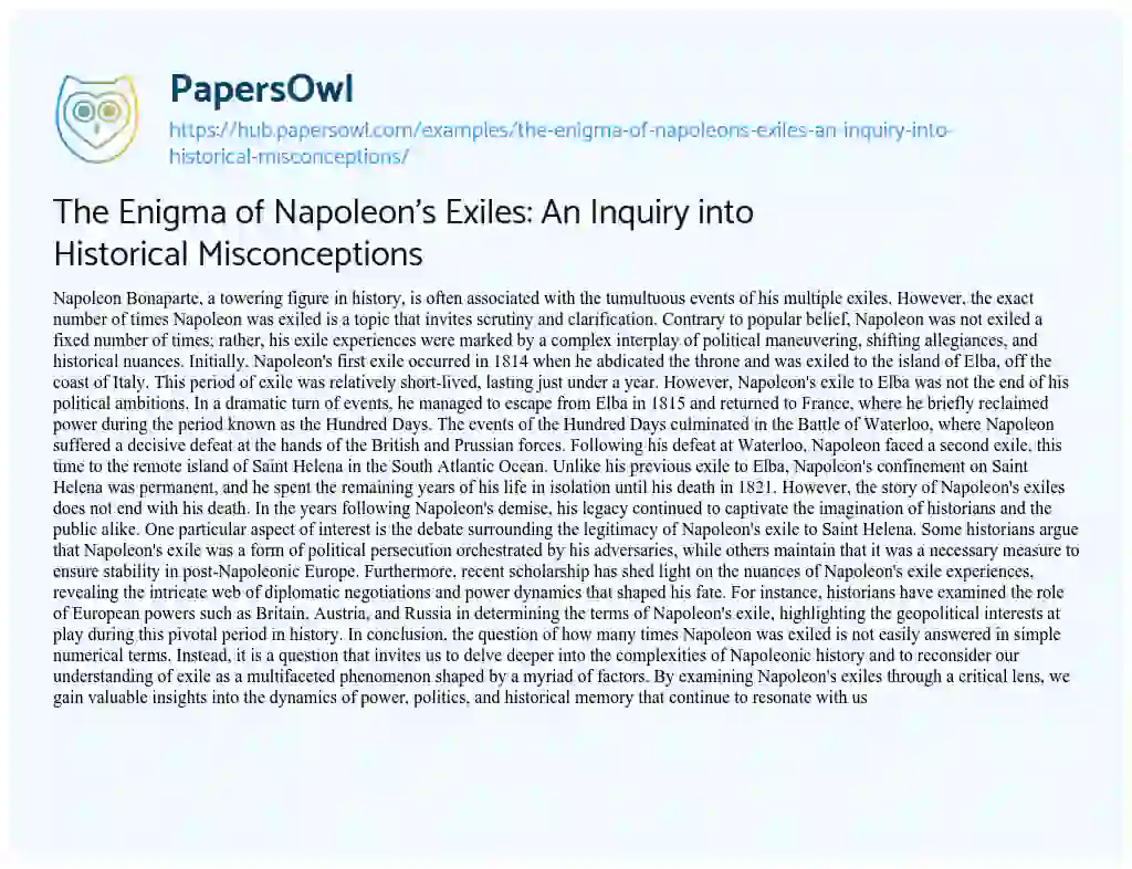 Essay on The Enigma of Napoleon’s Exiles: An Inquiry into Historical Misconceptions