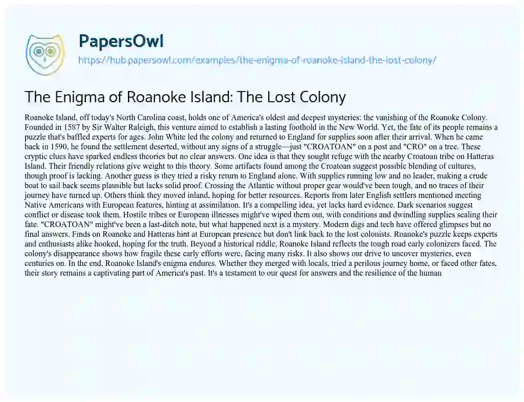 Essay on The Enigma of Roanoke Island: The Lost Colony