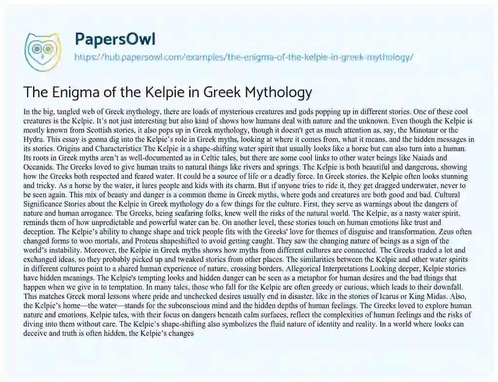 Essay on The Enigma of the Kelpie in Greek Mythology