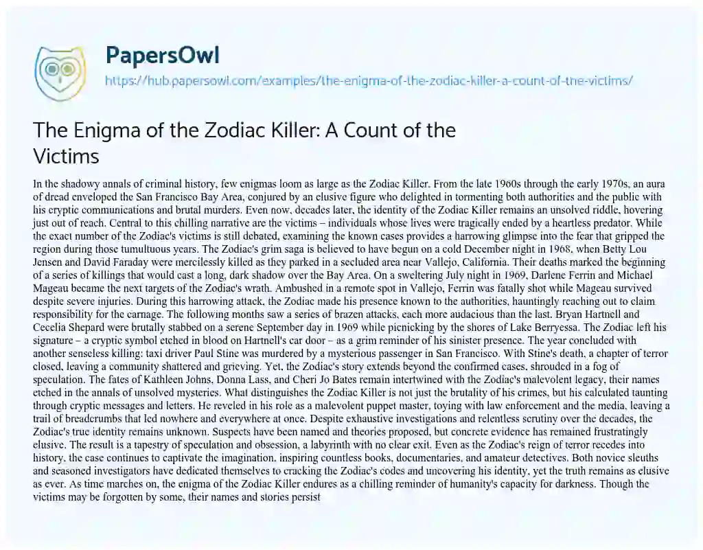 Essay on The Enigma of the Zodiac Killer: A Count of the Victims