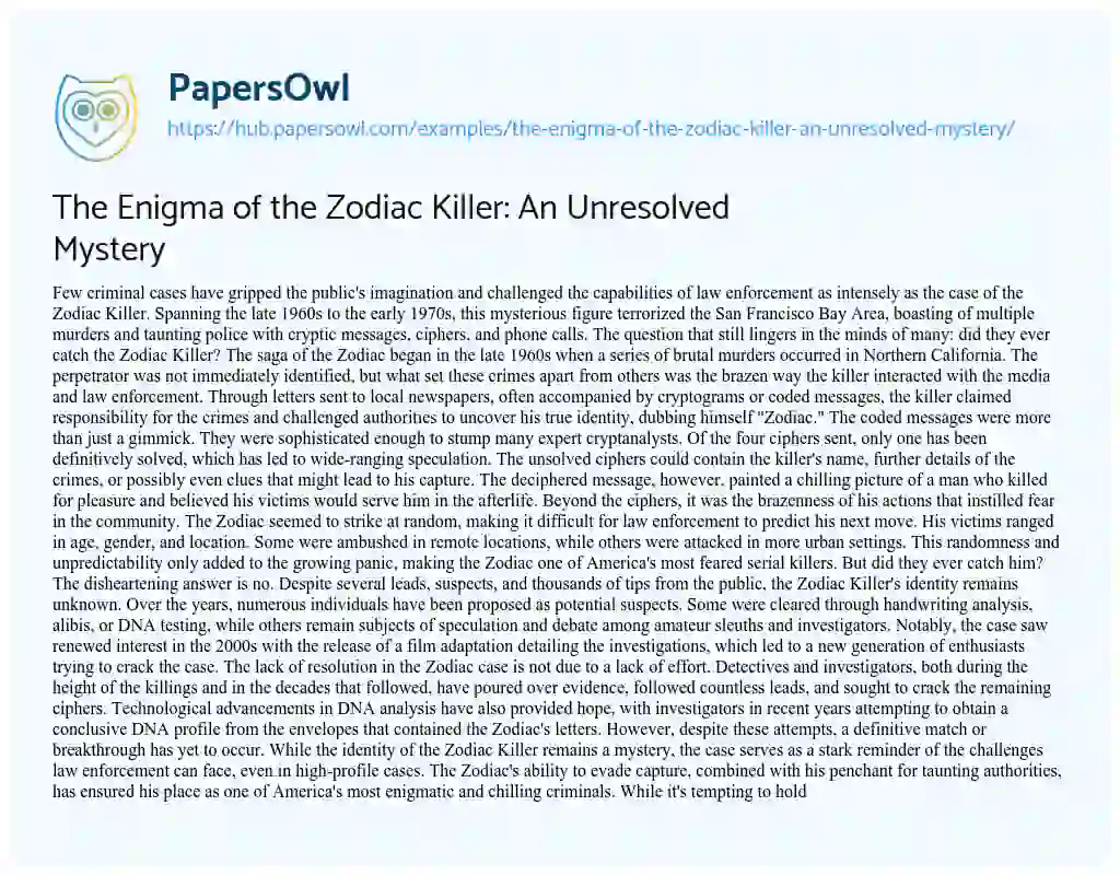Essay on The Enigma of the Zodiac Killer: An Unresolved Mystery