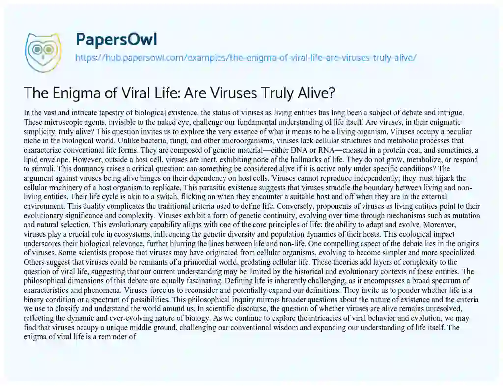 Essay on The Enigma of Viral Life: Are Viruses Truly Alive?