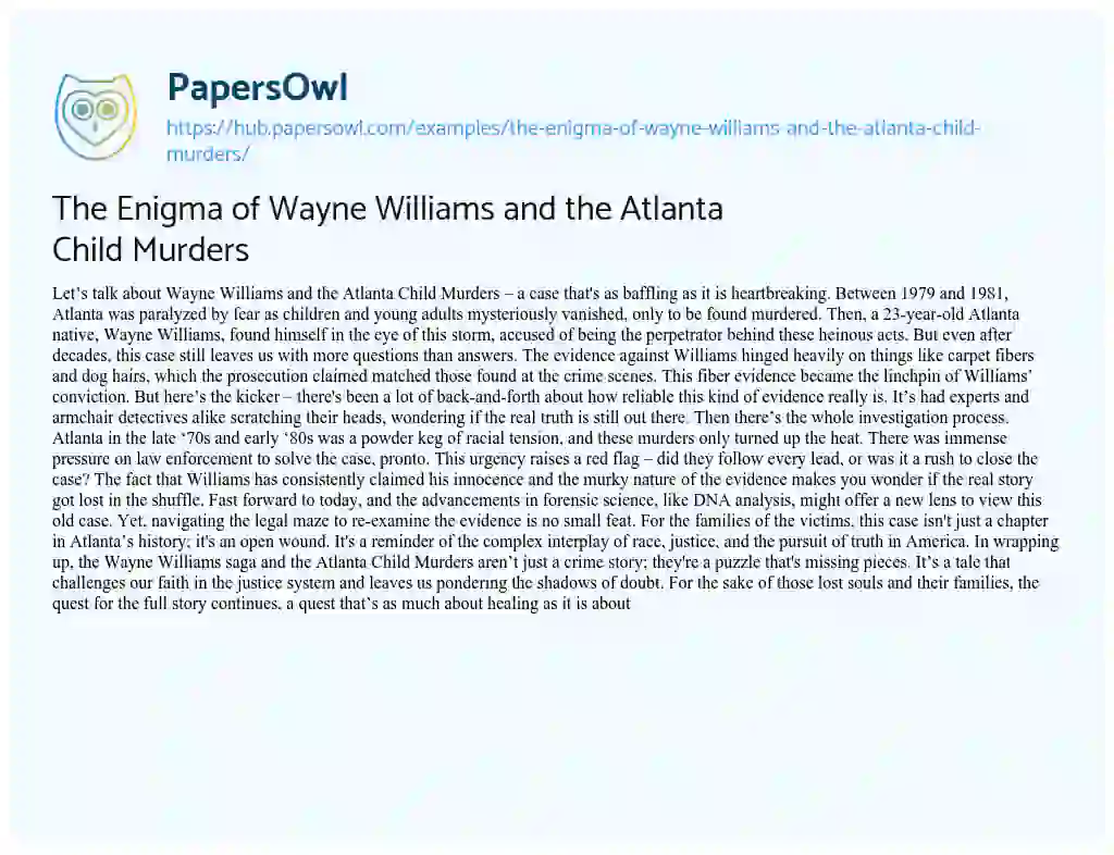 Essay on The Enigma of Wayne Williams and the Atlanta Child Murders
