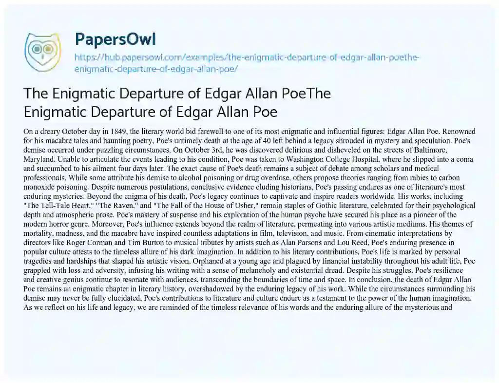 Essay on The Enigmatic Departure of Edgar Allan PoeThe Enigmatic Departure of Edgar Allan Poe