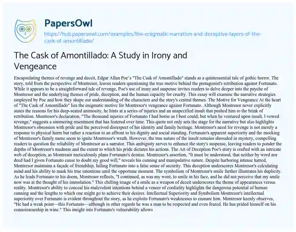 Essay on The Cask of Amontillado: A Study in Irony and Vengeance