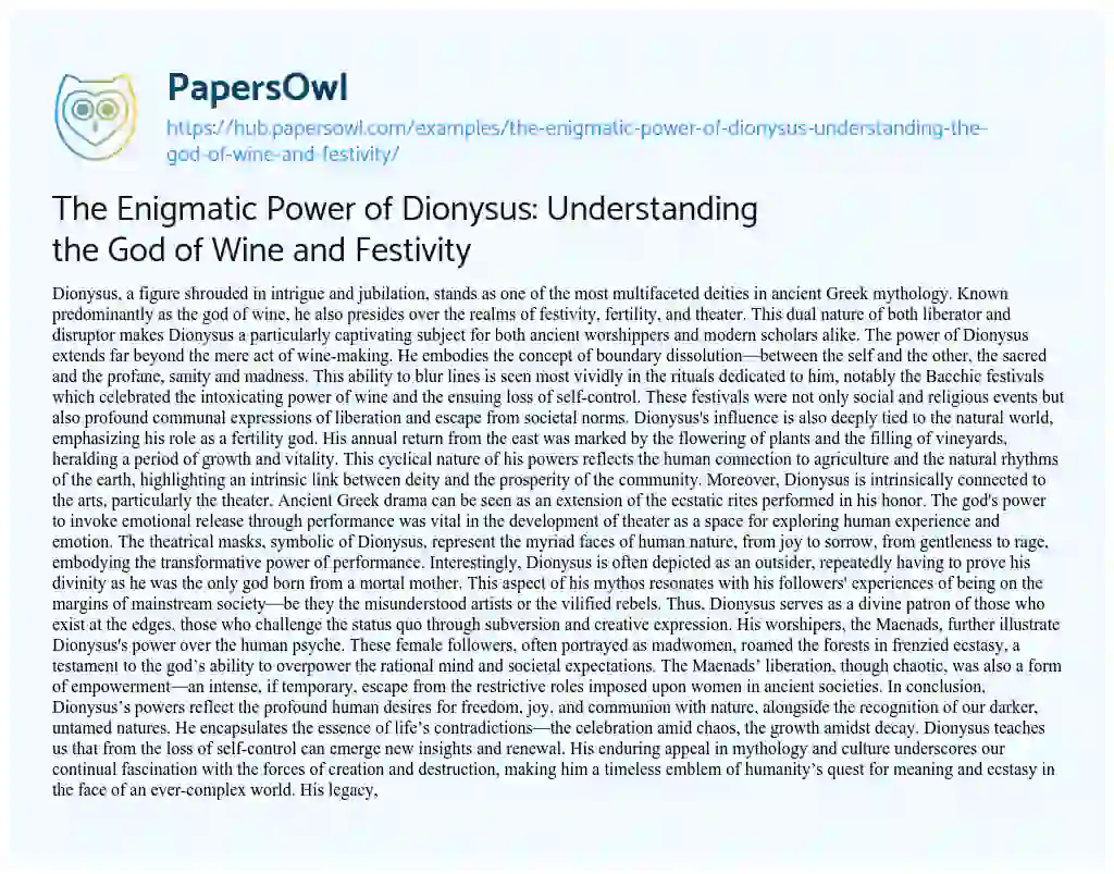 Essay on The Enigmatic Power of Dionysus: Understanding the God of Wine and Festivity