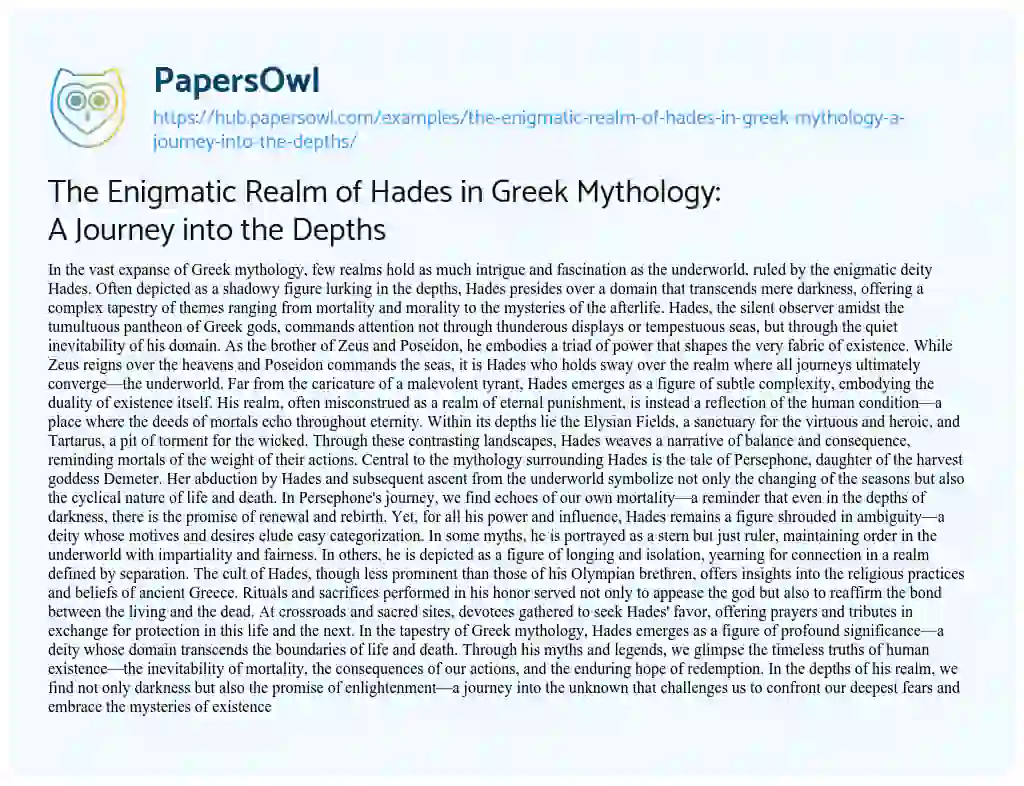 Essay on The Enigmatic Realm of Hades in Greek Mythology: A Journey into the Depths