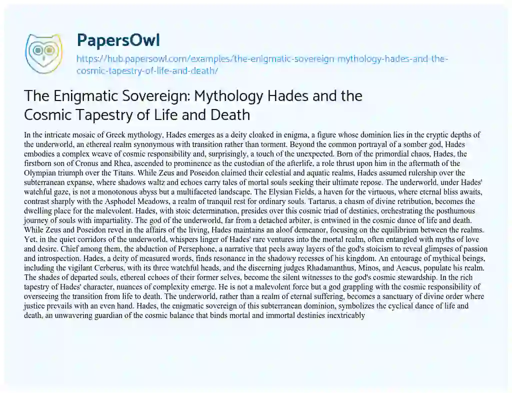 Essay on The Enigmatic Sovereign: Mythology Hades and the Cosmic Tapestry of Life and Death