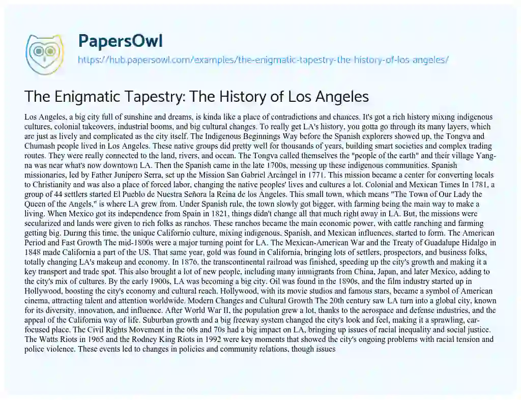 Essay on The Enigmatic Tapestry: The History of Los Angeles