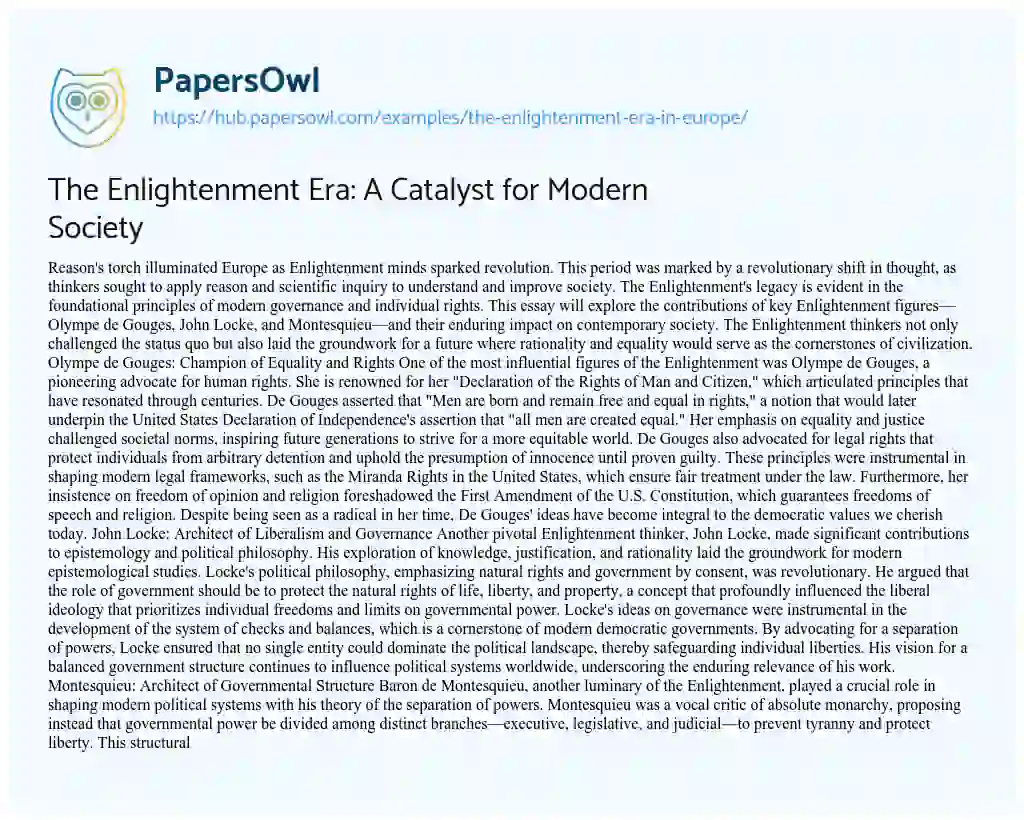 Essay on The Enlightenment Era: A Catalyst for Modern Society