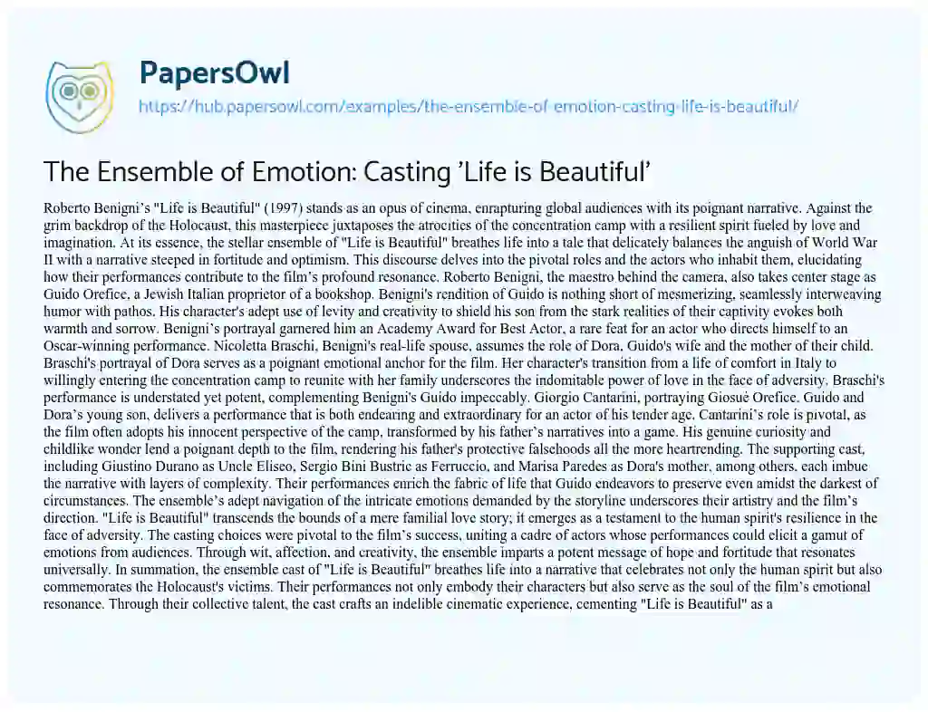 Essay on The Ensemble of Emotion: Casting ‘Life is Beautiful’