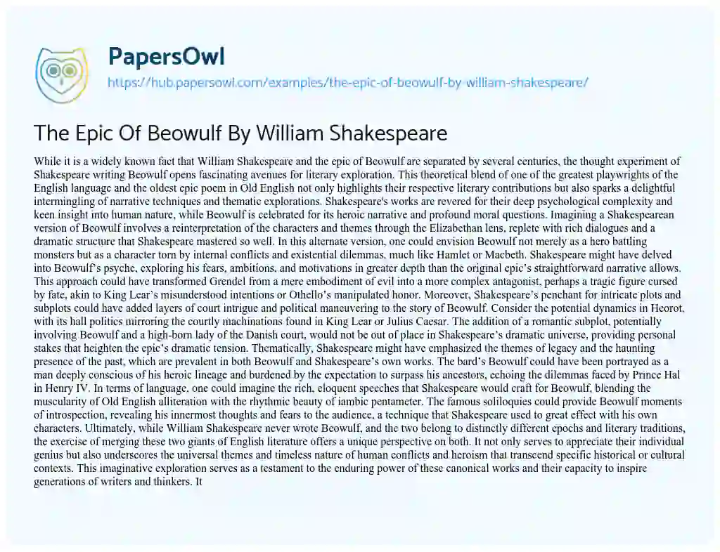 Essay on The Epic Of Beowulf By William Shakespeare