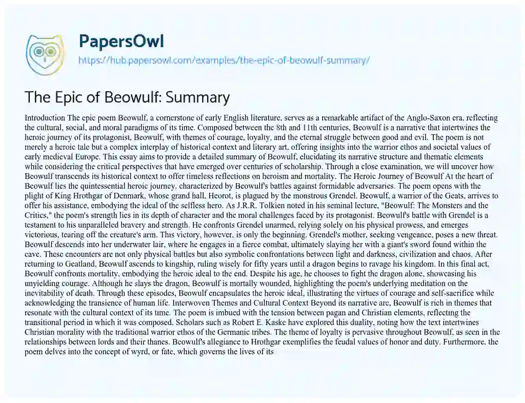 Essay on The Epic of Beowulf: Summary