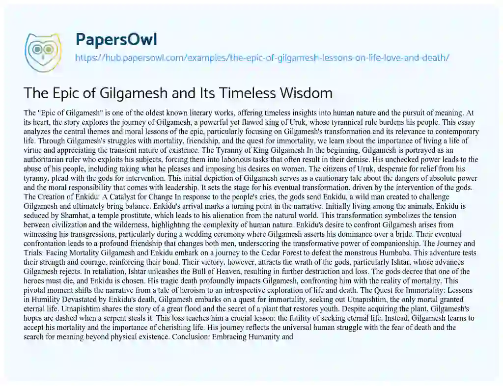 Essay on The Epic of Gilgamesh and Its Timeless Wisdom