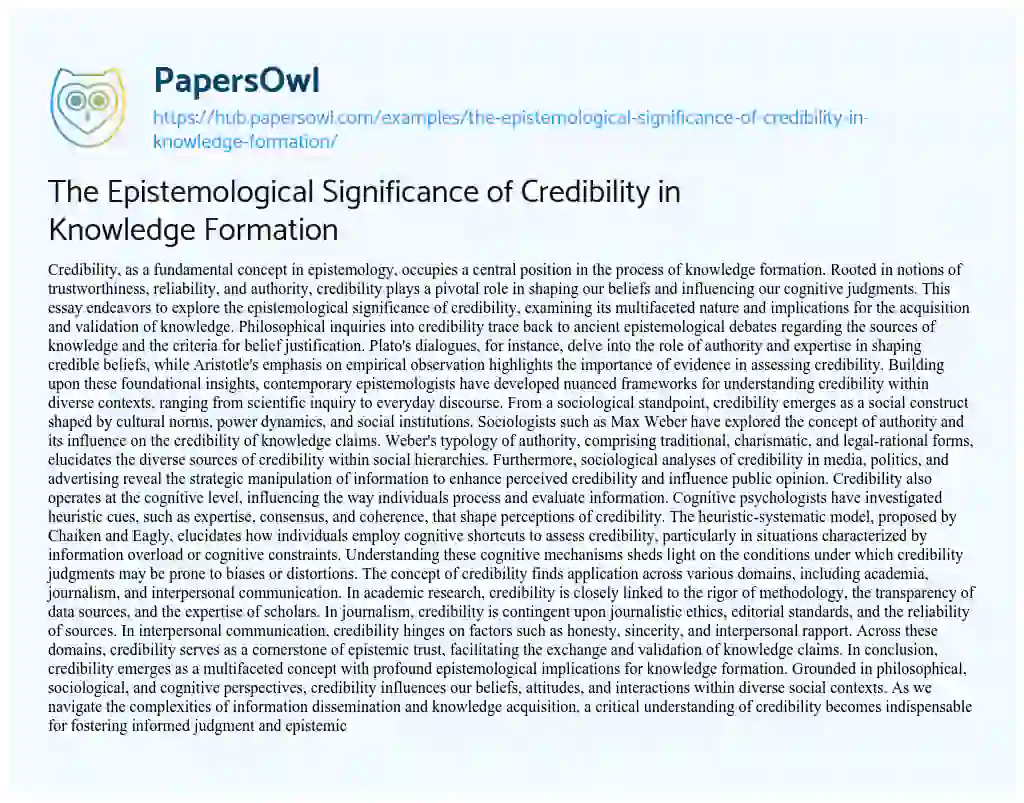 Essay on The Epistemological Significance of Credibility in Knowledge Formation