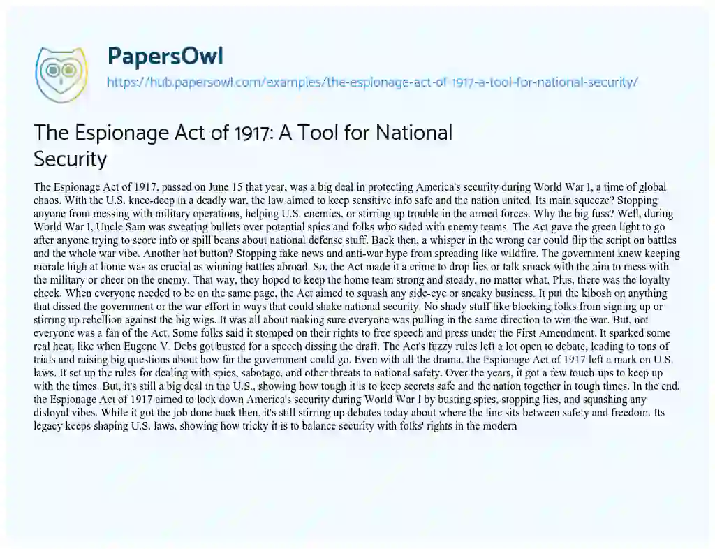 Essay on The Espionage Act of 1917: A Tool for National Security