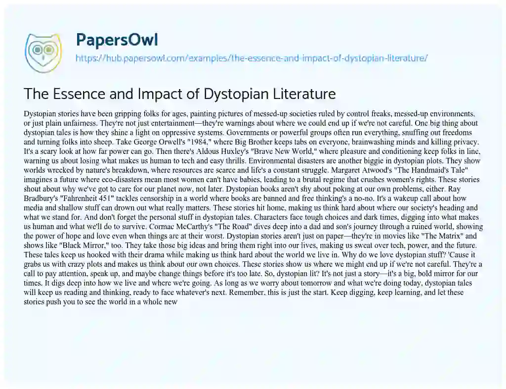 Essay on The Essence and Impact of Dystopian Literature