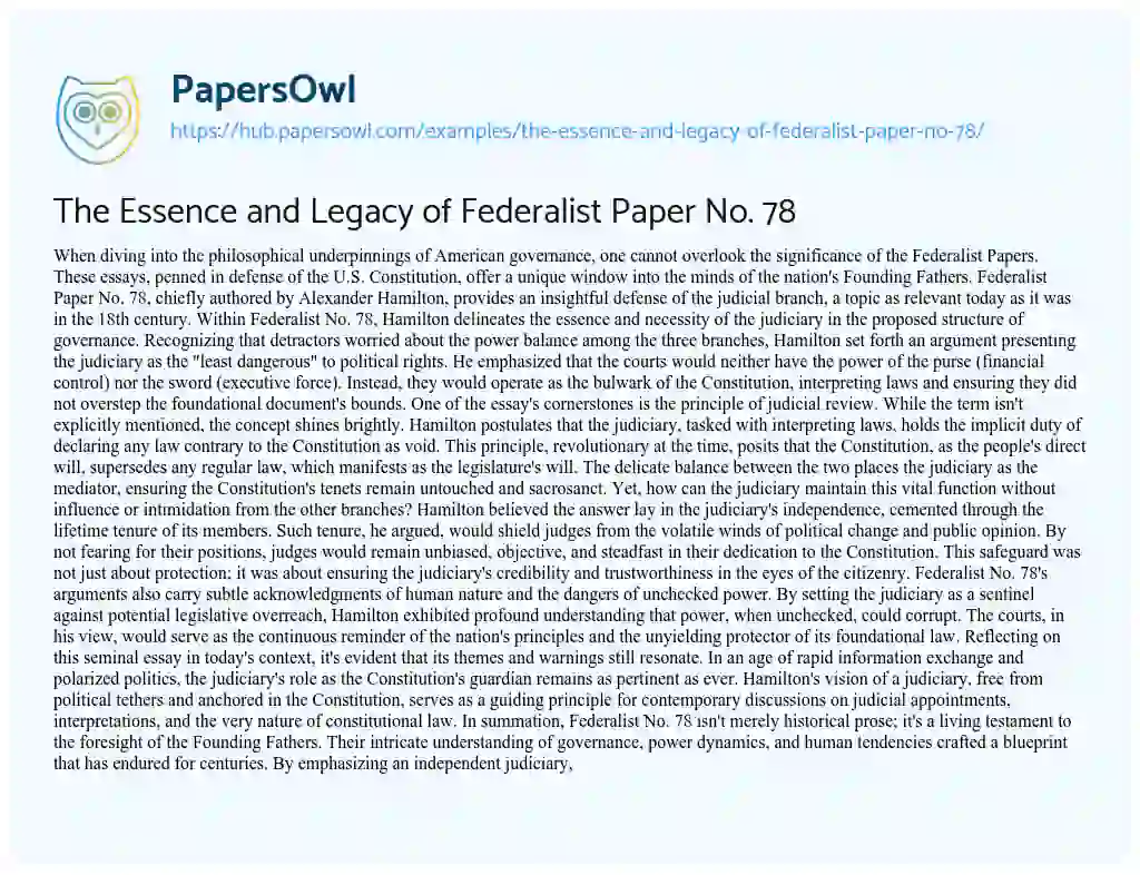 Essay on The Essence and Legacy of Federalist Paper No. 78