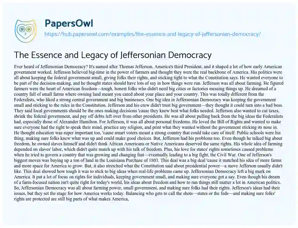 Essay on The Essence and Legacy of Jeffersonian Democracy