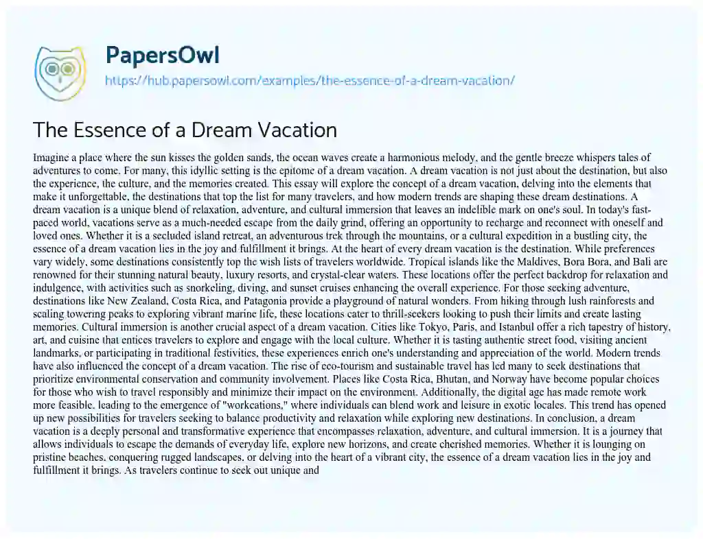 Essay on The Essence of a Dream Vacation