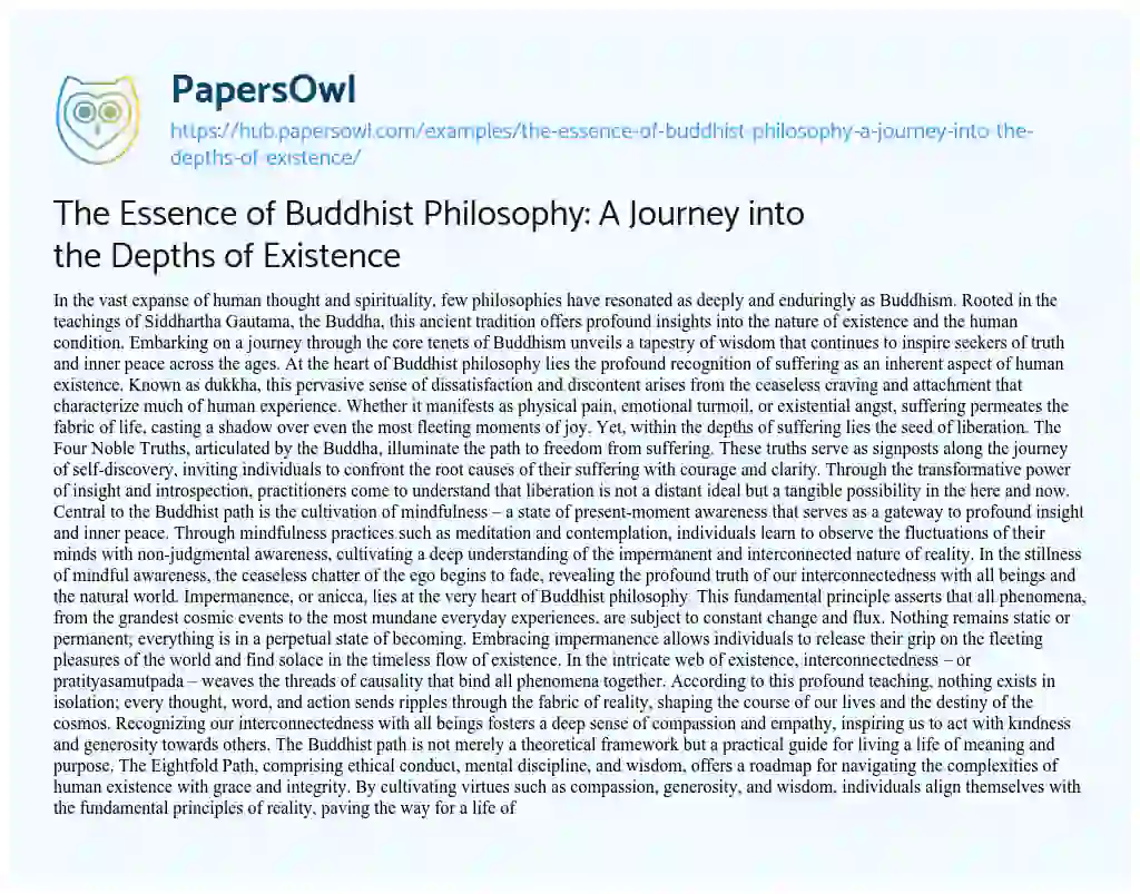 Essay on The Essence of Buddhist Philosophy: A Journey into the Depths of Existence