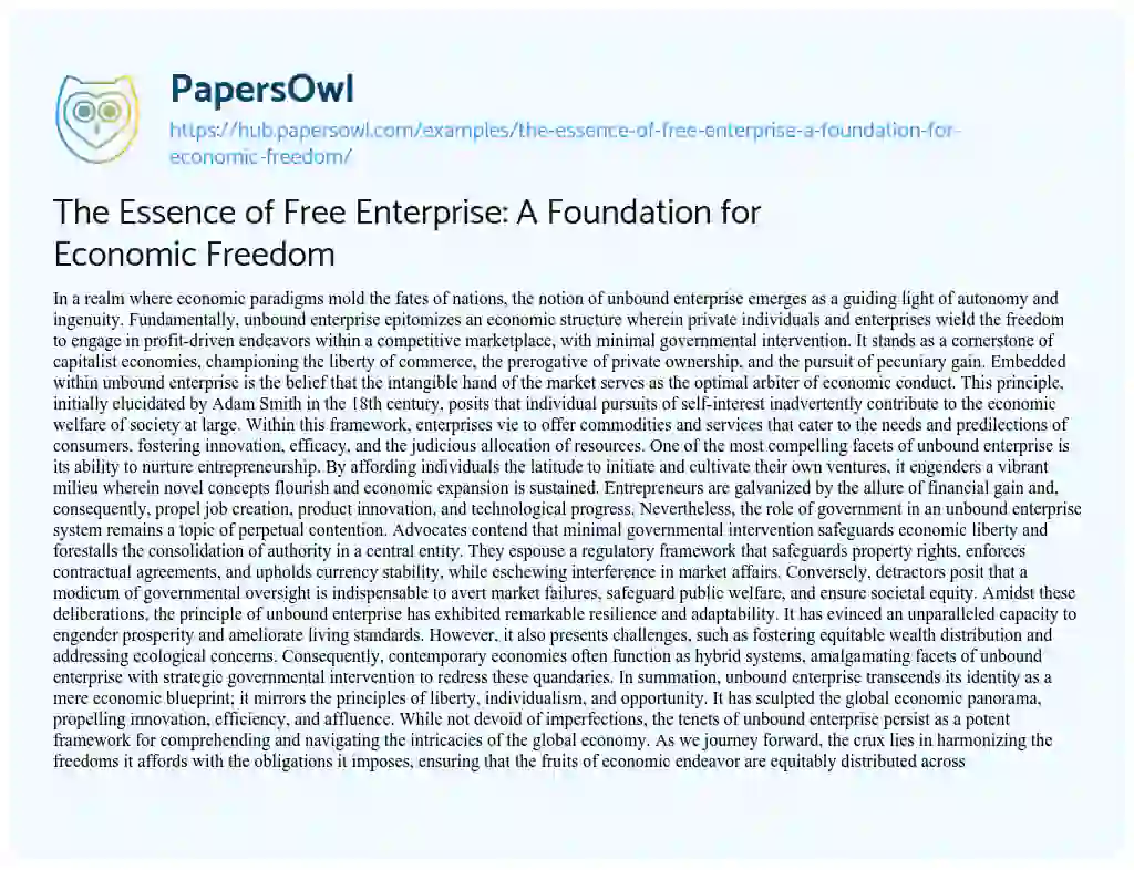 Essay on The Essence of Free Enterprise: A Foundation for Economic Freedom