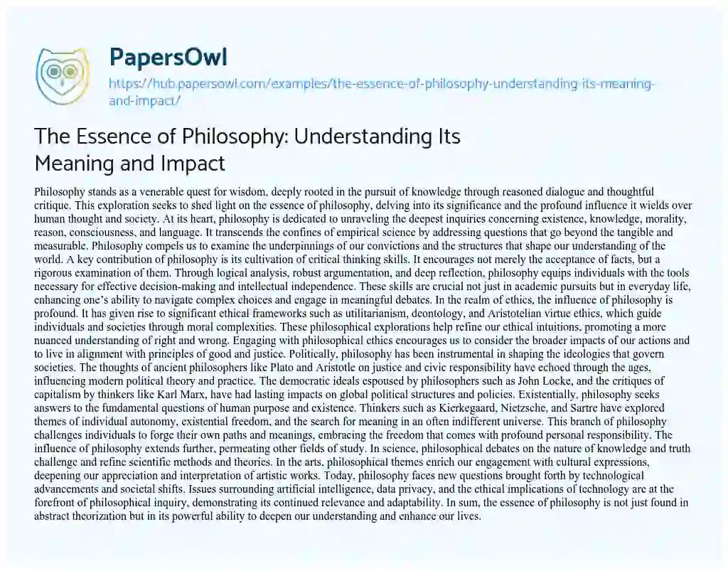 Essay on The Essence of Philosophy: Understanding Its Meaning and Impact