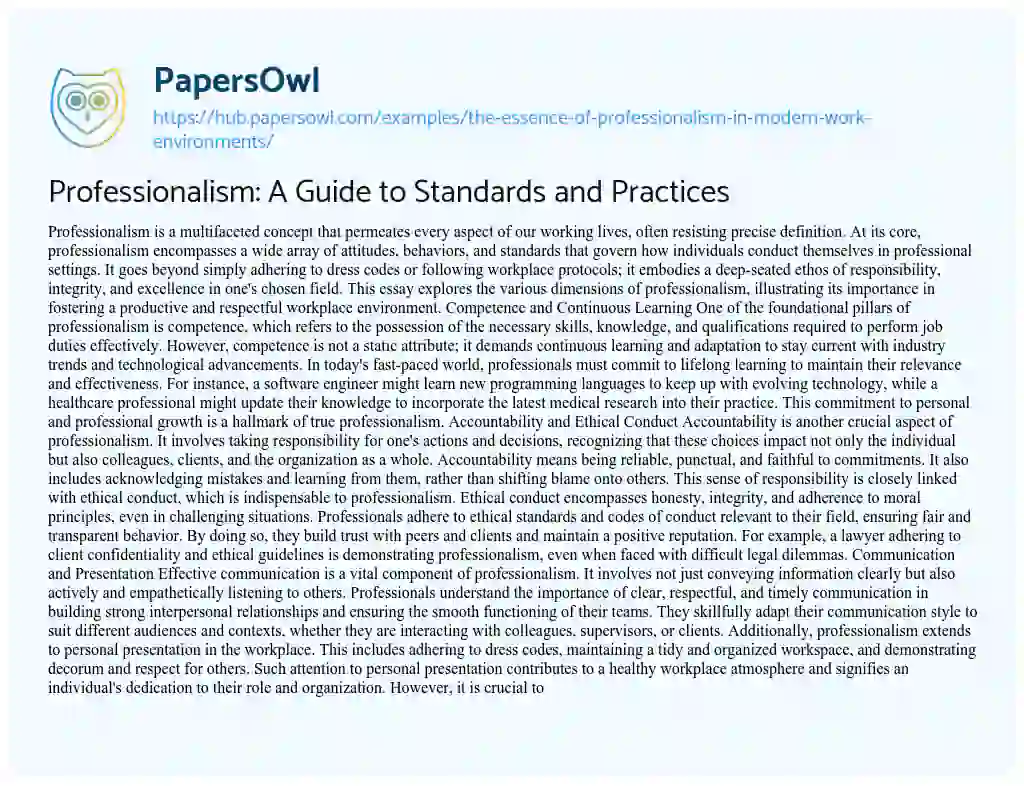 Essay on Professionalism: A Guide to Standards and Practices