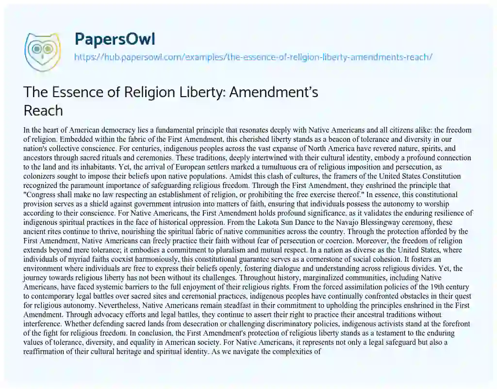 Essay on The Essence of Religion Liberty: Amendment’s Reach