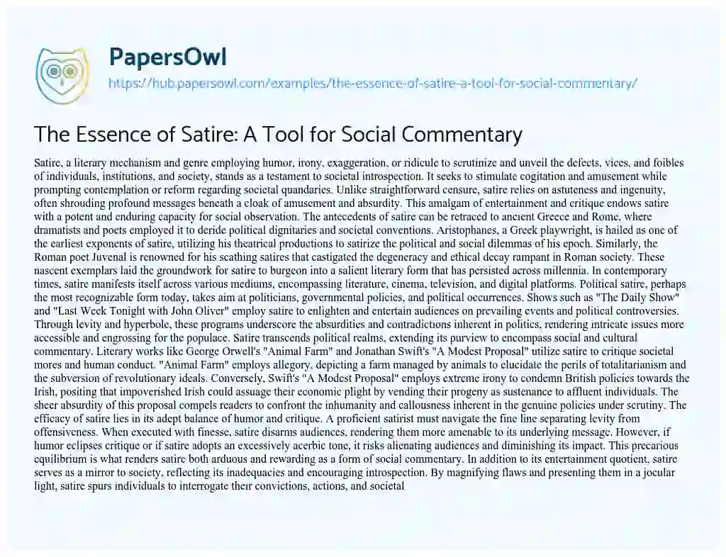 Essay on The Essence of Satire: A Tool for Social Commentary