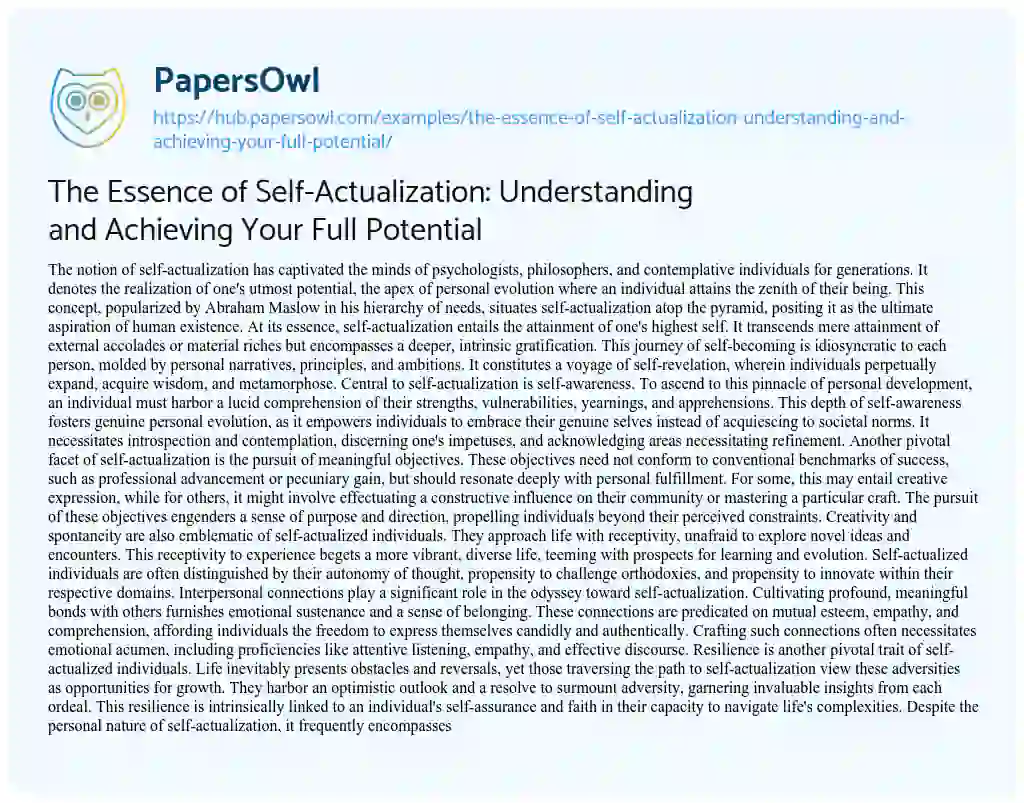 Essay on The Essence of Self-Actualization: Understanding and Achieving Your Full Potential