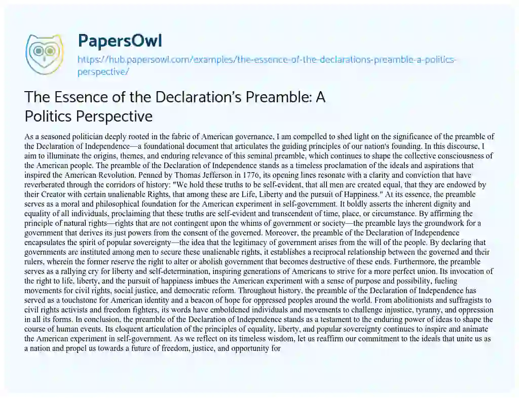 Essay on The Essence of the Declaration’s Preamble: A Politics Perspective