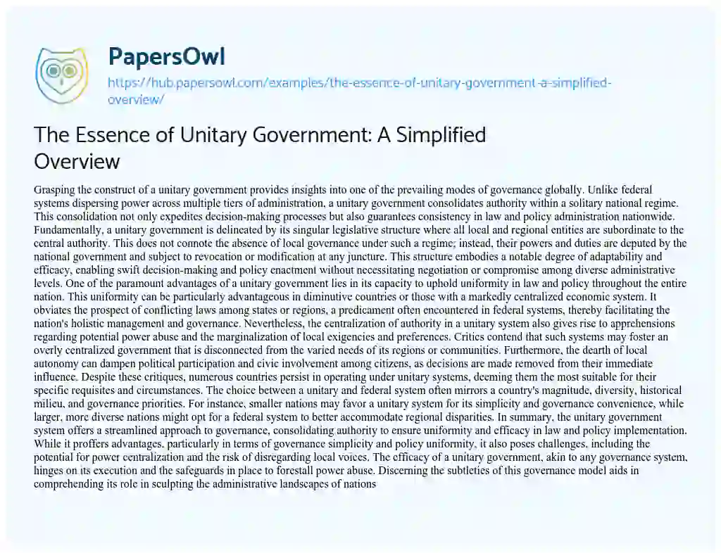 Essay on The Essence of Unitary Government: A Simplified Overview