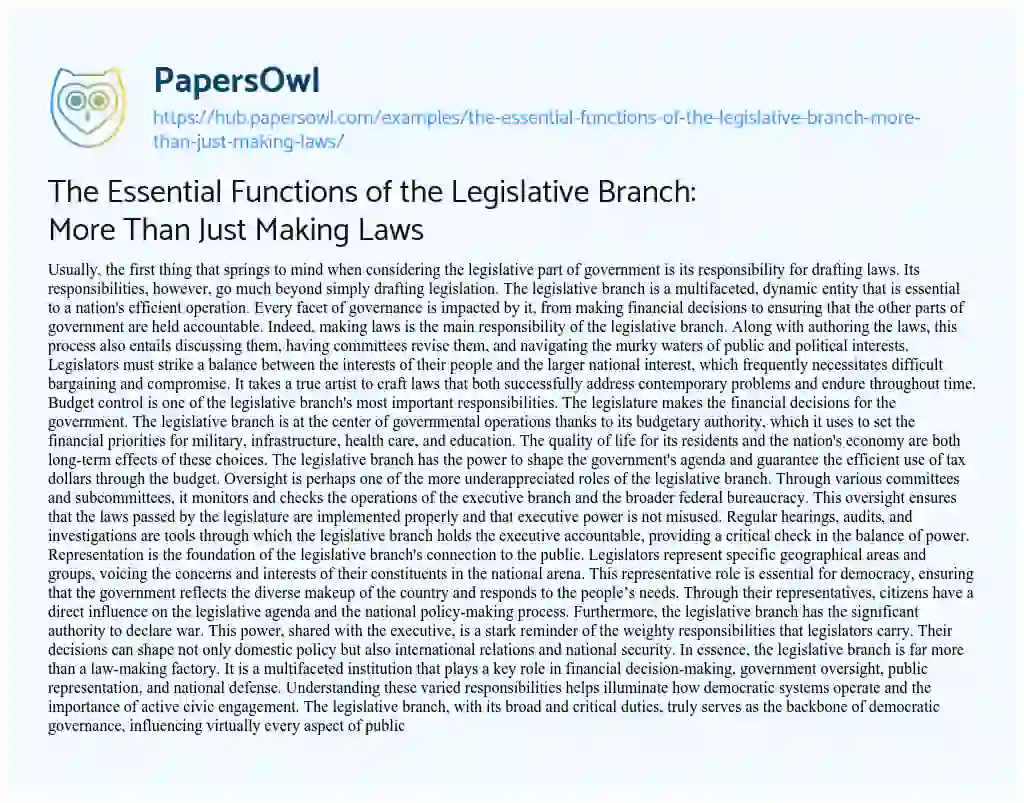 Essay on The Essential Functions of the Legislative Branch: More Than Just Making Laws