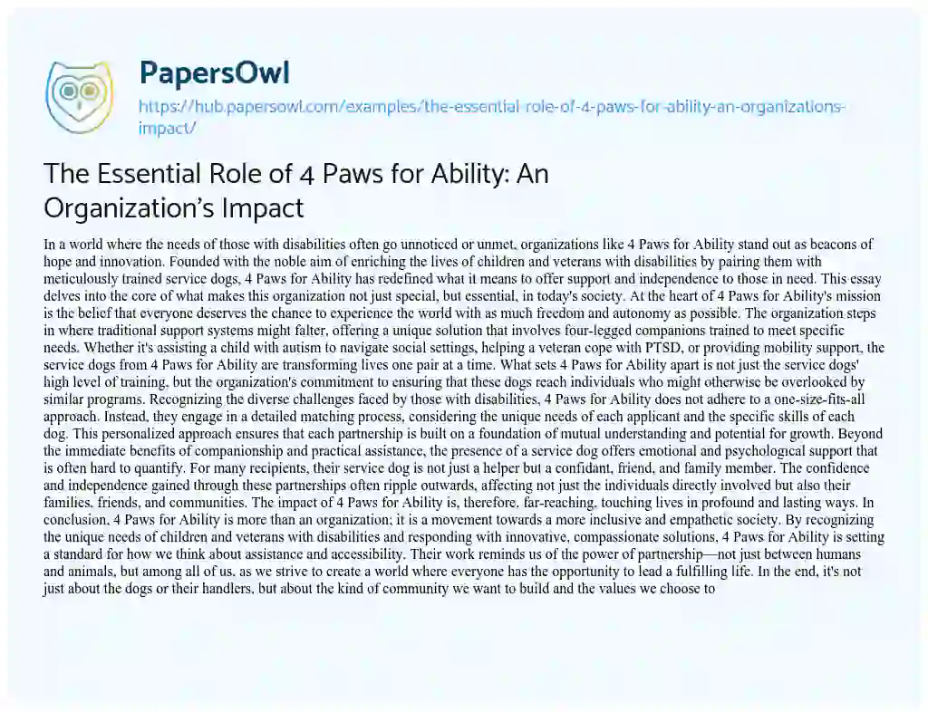 Essay on The Essential Role of 4 Paws for Ability: An Organization’s Impact