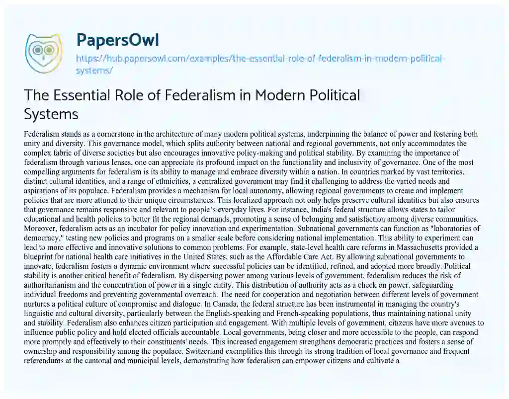 Essay on The Essential Role of Federalism in Modern Political Systems