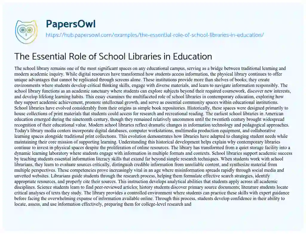 Essay on The Essential Role of School Libraries in Education