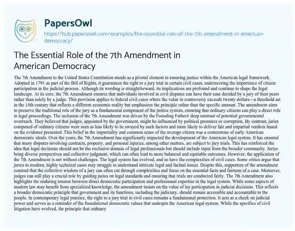 Essay on The Essential Role of the 7th Amendment in American Democracy